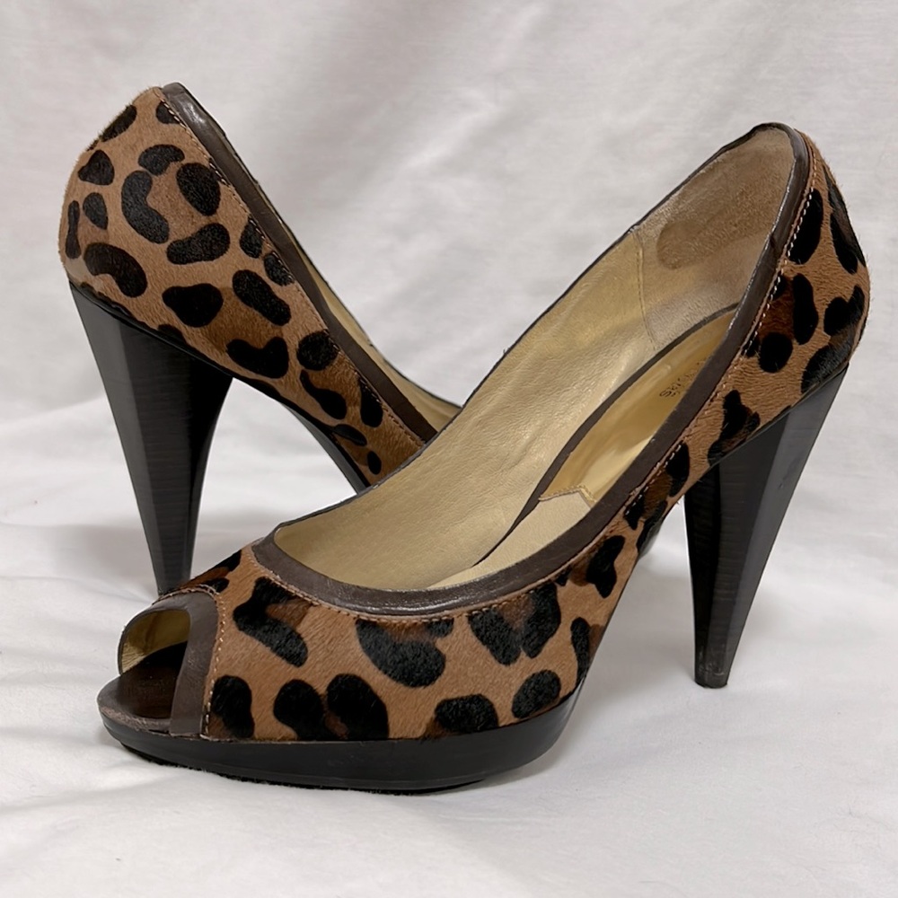Hair calf leather animal print peep toe platform pump